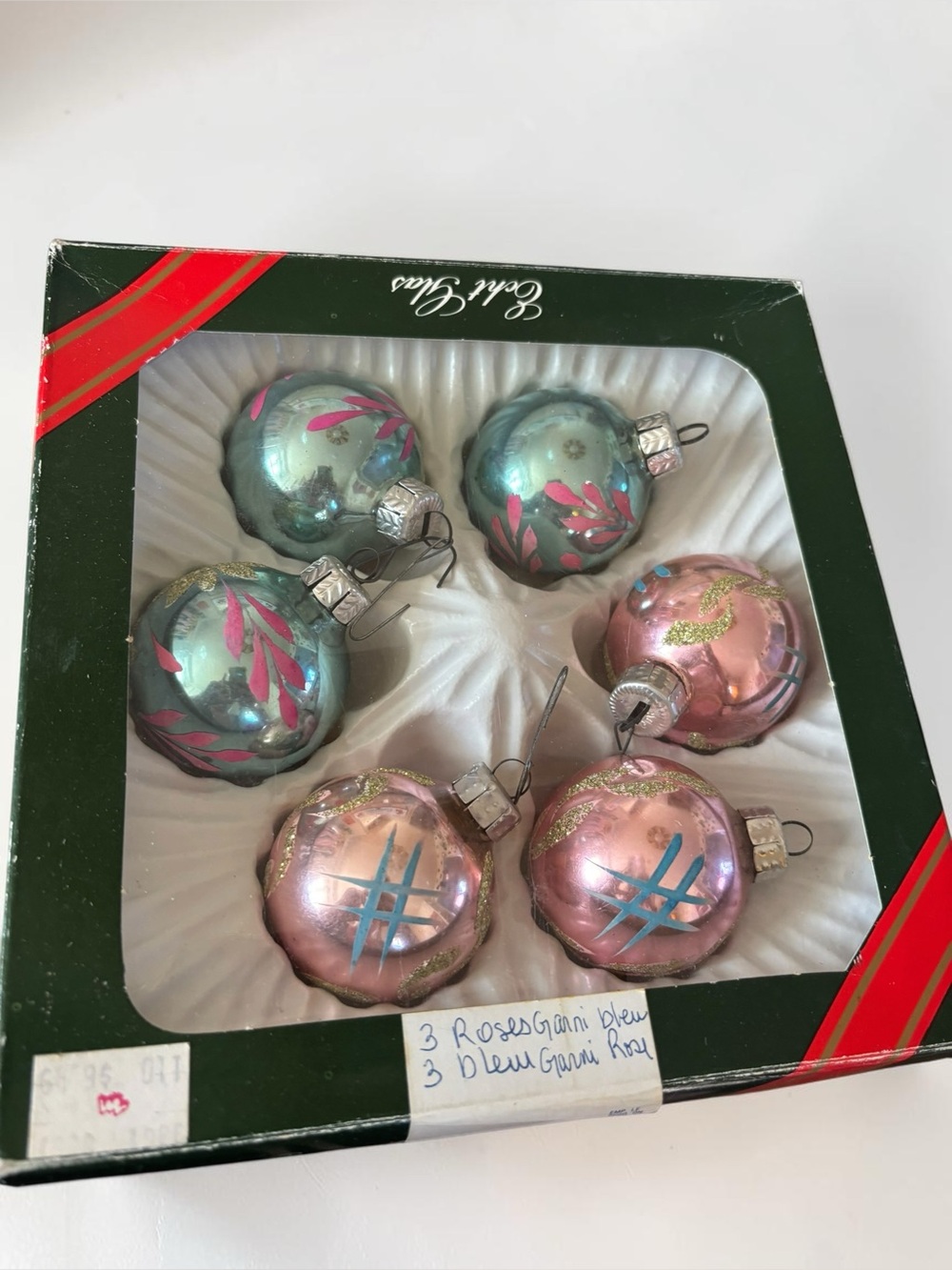 Vintage German Glass Christmas Ornaments Set 6 Pink Blue Glitter Germany